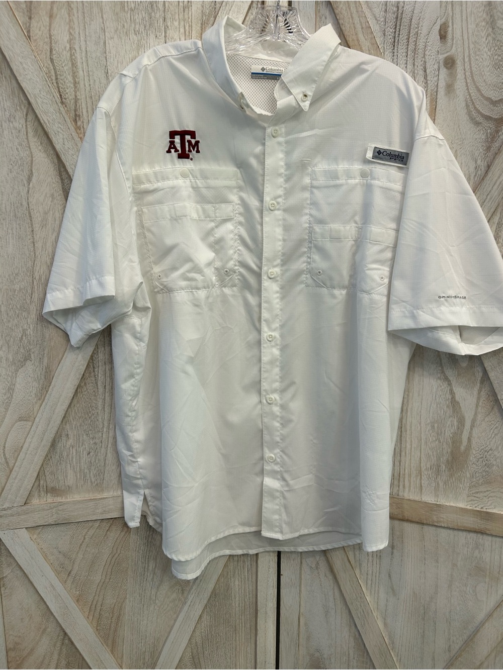 Columbia White Short-Sleeve Button-Down Shirt with Texas A&M Logo